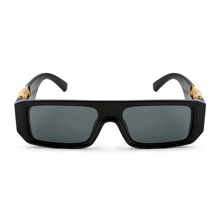 Juno Rectangle Sunglasses with a Black Frame, Black Lenses, and Jaguar-Accented Temples