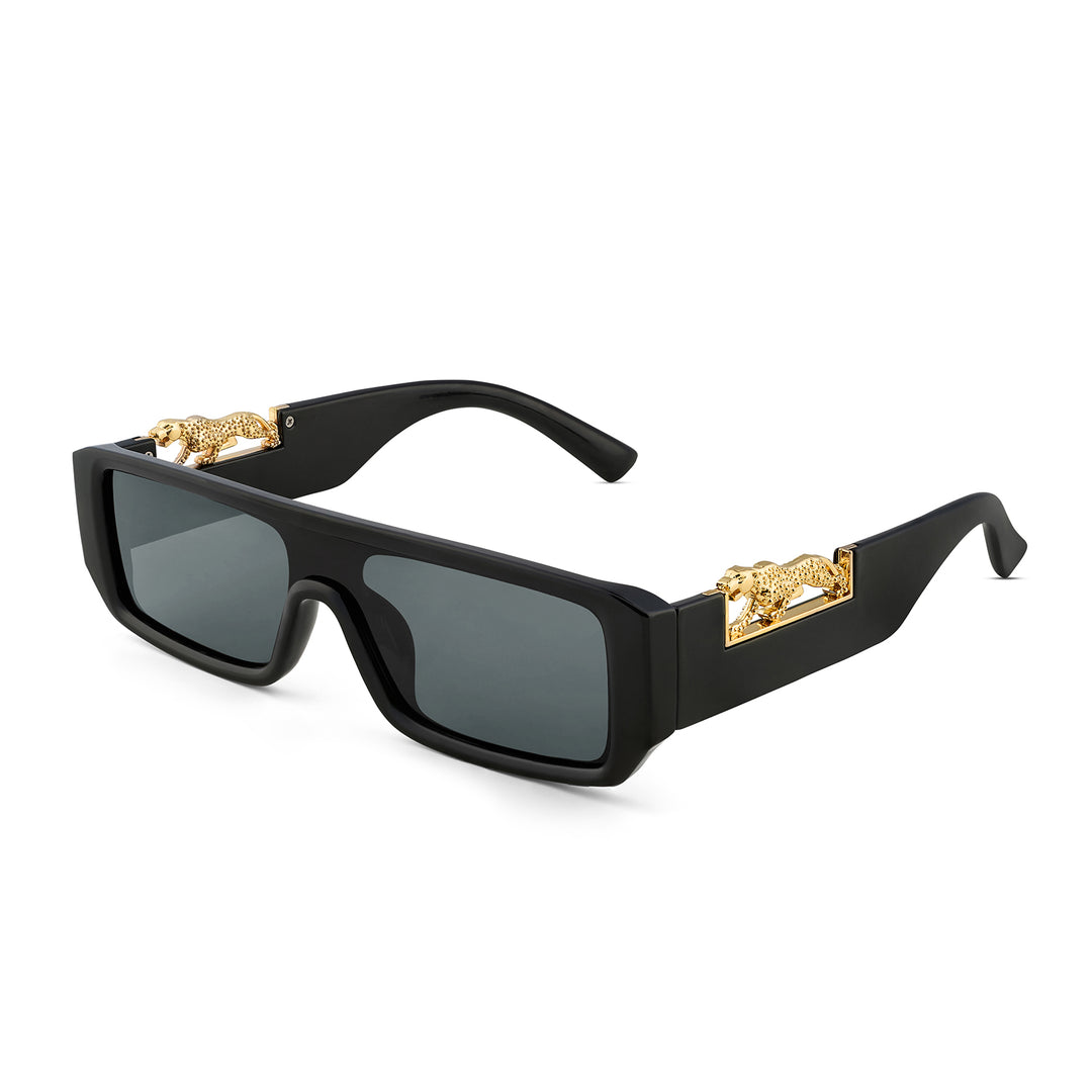 Juno Rectangle Sunglasses with a Black Frame, Black Lenses, and Jaguar-Accented Temples