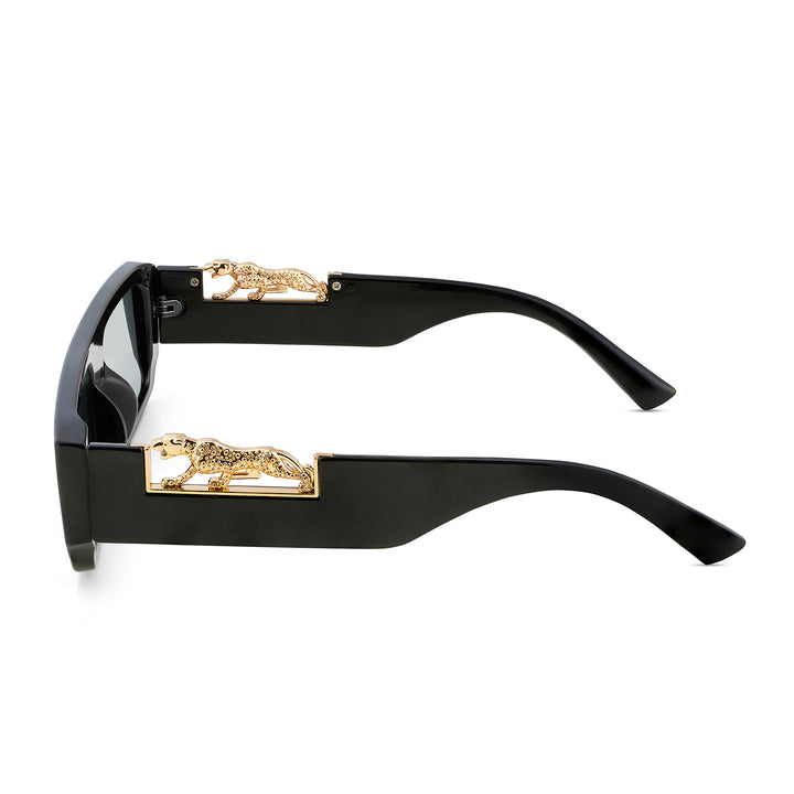 Juno Rectangle Sunglasses with a Black Frame, Black Lenses, and Jaguar-Accented Temples
