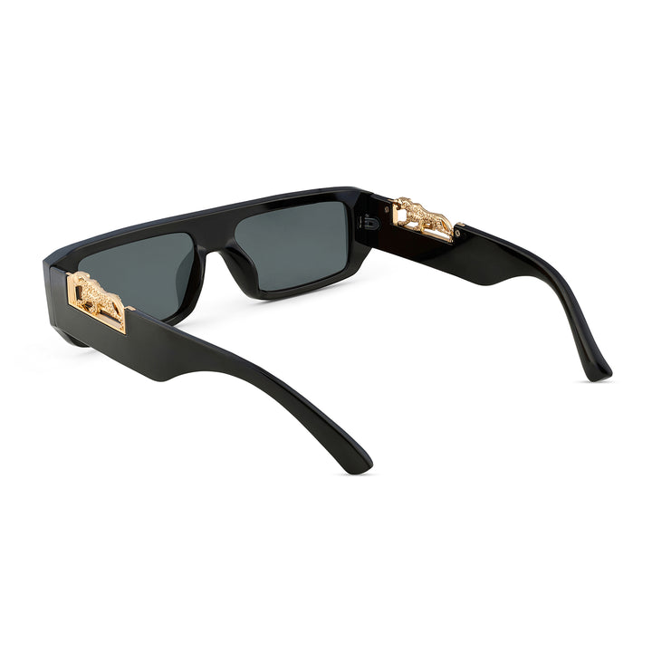 Juno Rectangle Sunglasses with a Black Frame, Black Lenses, and Jaguar-Accented Temples