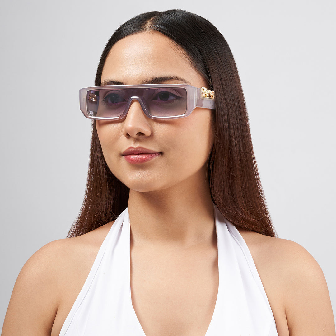 Juno Rectangle Sunglasses with a Grey Frame, Double Purple Ombre Lenses, and Jaguar-Accented Temples