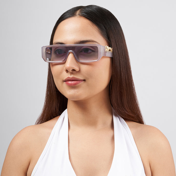 Juno Rectangle Sunglasses with a Grey Frame, Double Purple Ombre Lenses, and Jaguar-Accented Temples