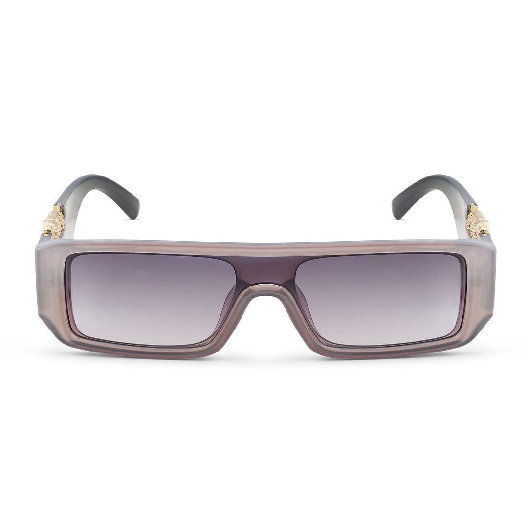Juno Rectangle Sunglasses with a Grey Frame, Double Purple Ombre Lenses, and Jaguar-Accented Temples