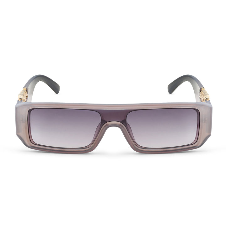Juno Rectangle Sunglasses with a Grey Frame, Double Purple Ombre Lenses, and Jaguar-Accented Temples