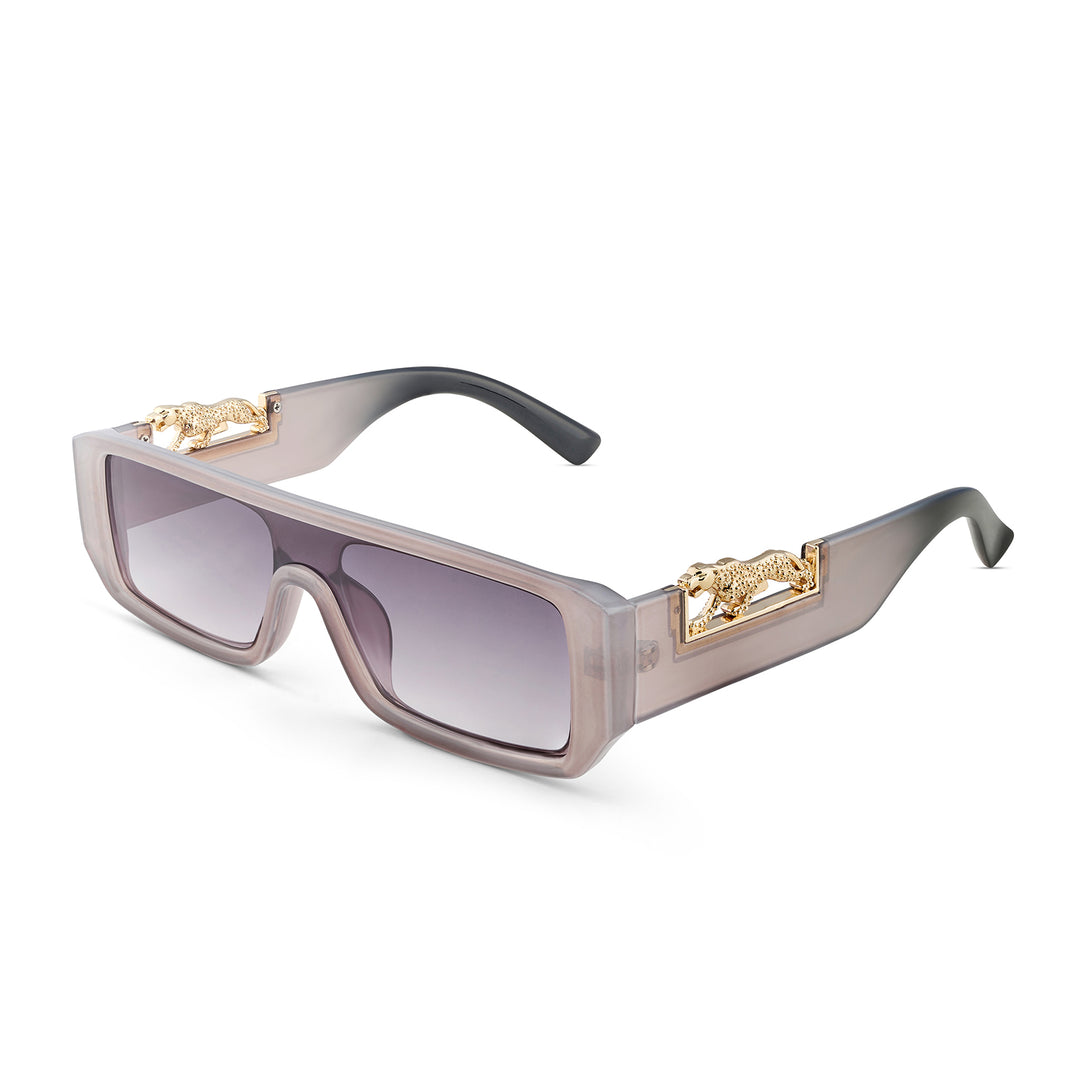 Juno Rectangle Sunglasses with a Grey Frame, Double Purple Ombre Lenses, and Jaguar-Accented Temples