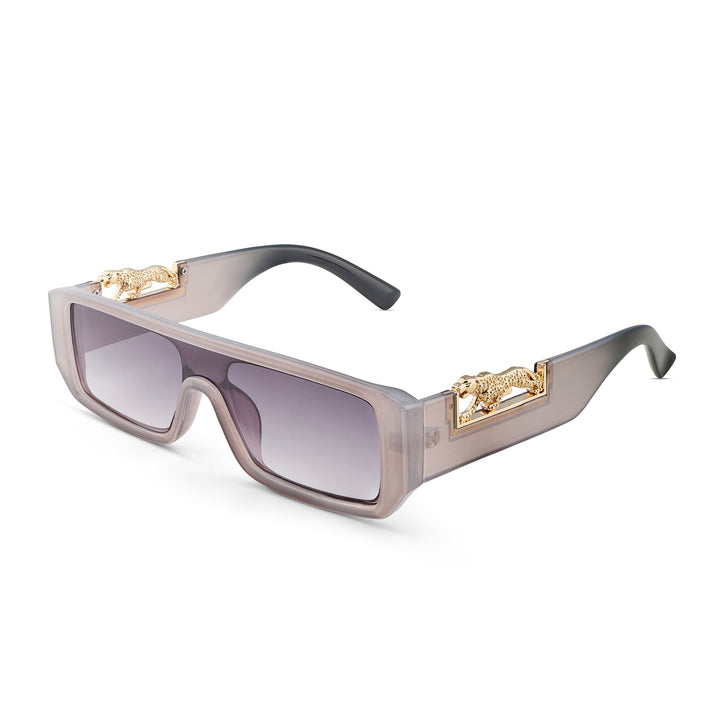Juno Rectangle Sunglasses with a Grey Frame, Double Purple Ombre Lenses, and Jaguar-Accented Temples
