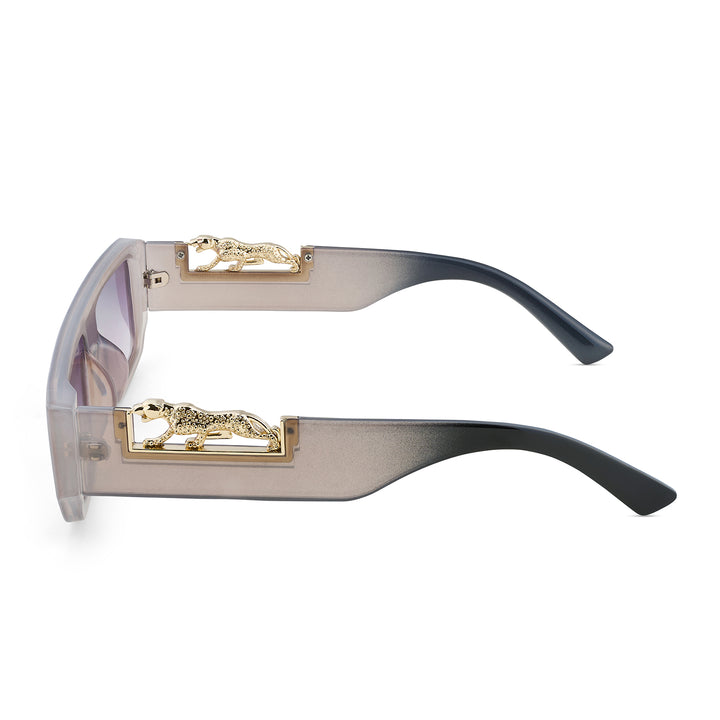 Juno Rectangle Sunglasses with a Grey Frame, Double Purple Ombre Lenses, and Jaguar-Accented Temples