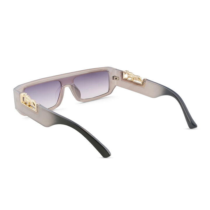 Juno Rectangle Sunglasses with a Grey Frame, Double Purple Ombre Lenses, and Jaguar-Accented Temples