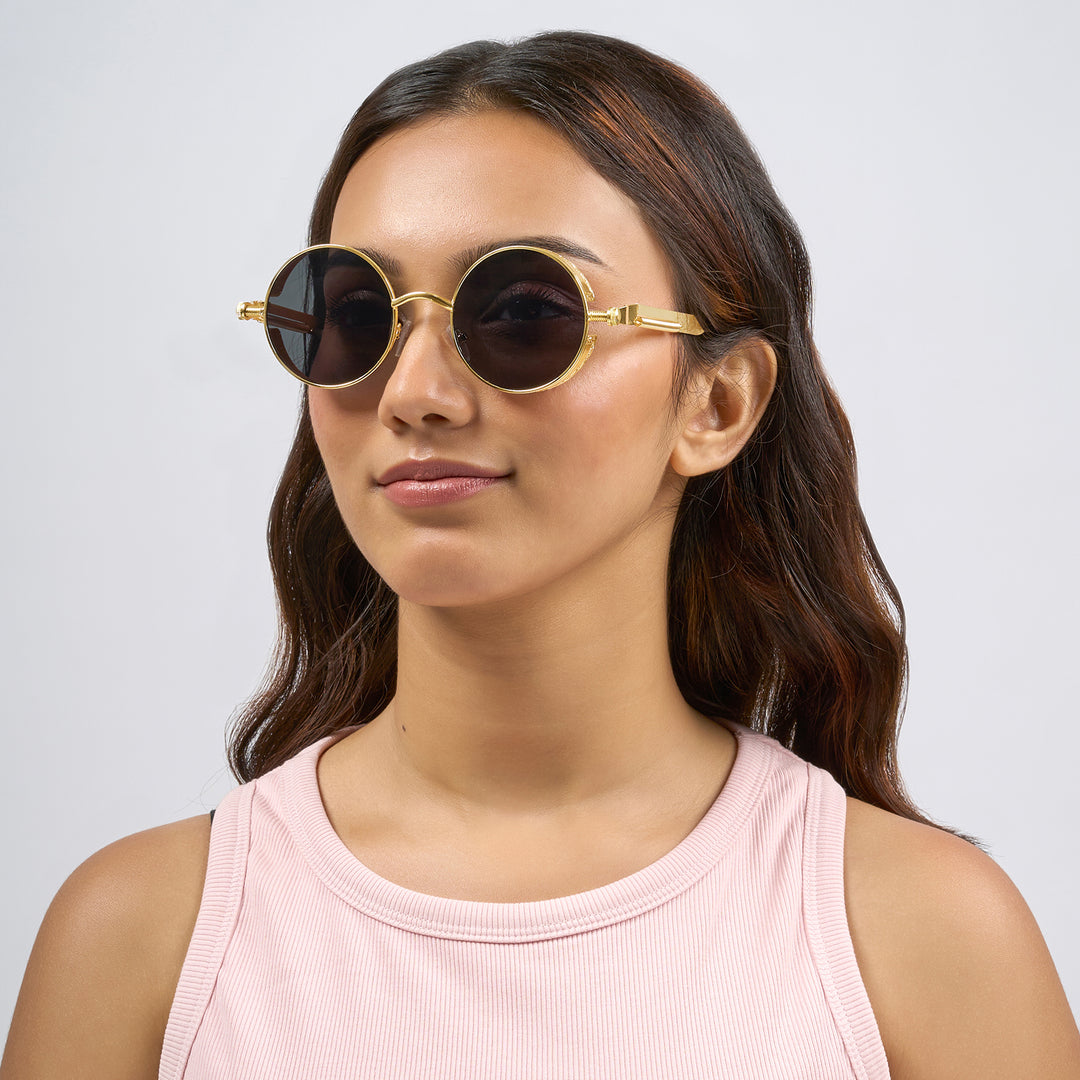 Rhombus Vintage Steampunk Sunglasses With A Gold Frame And Black-Grey Lenses