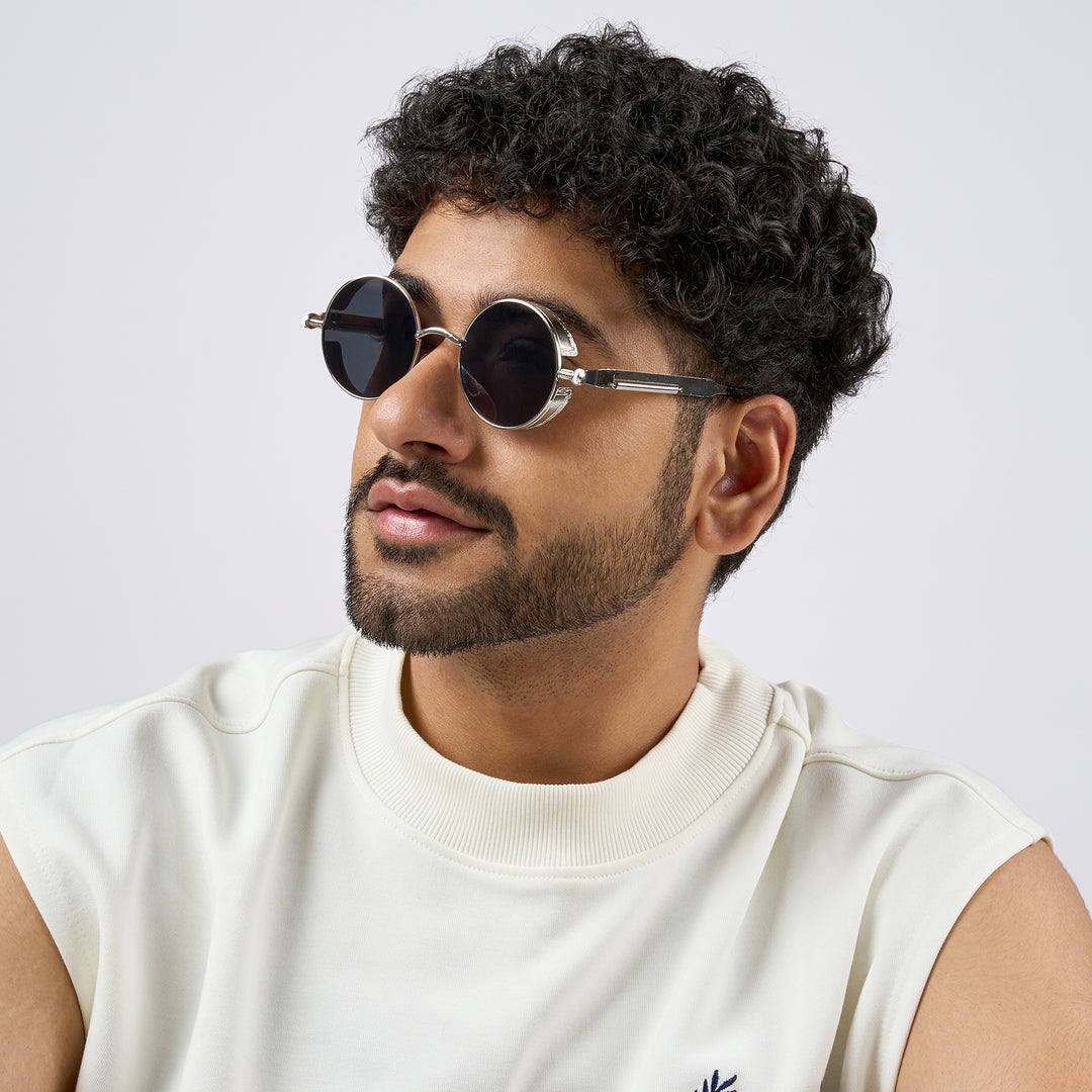 Rhombus Vintage Steampunk Sunglasses With A Silver Frame And Black Lenses