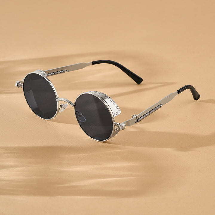 Rhombus Vintage Steampunk Sunglasses With A Silver Frame And Black Lenses