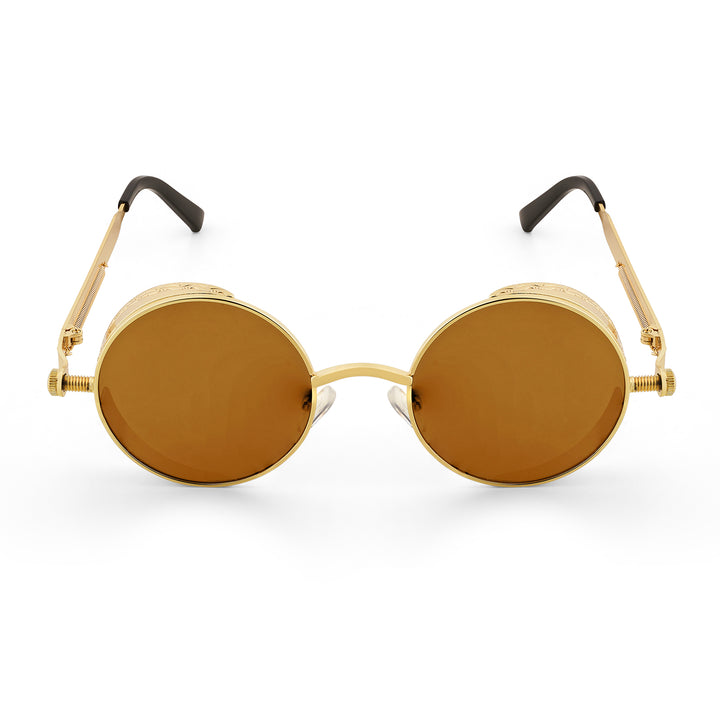 Rhombus Vintage Steampunk Sunglasses With A Gold Frame And Tan Lenses