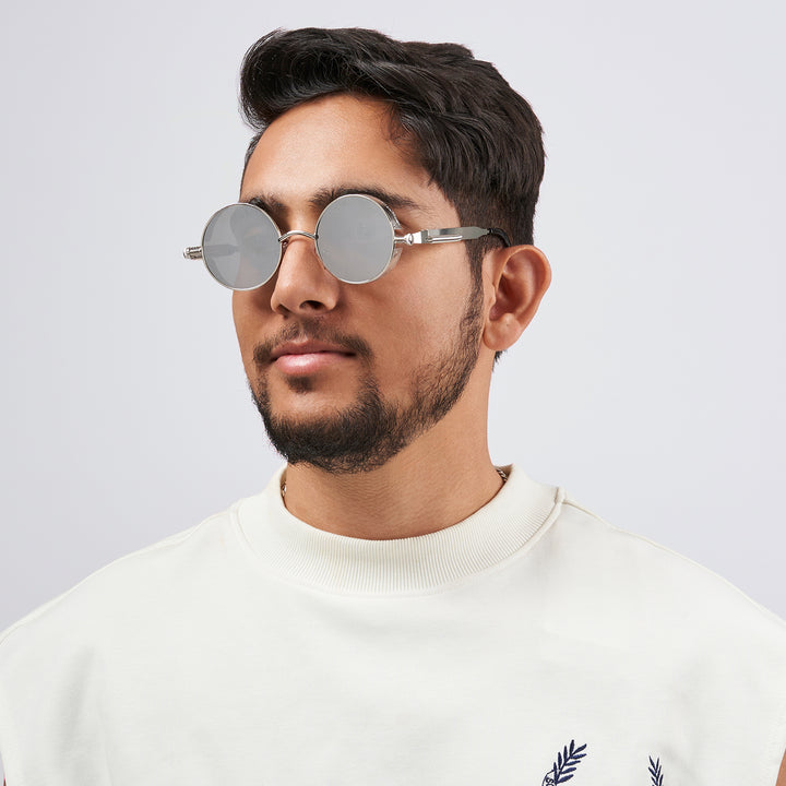 Rhombus Vintage Steampunk Sunglasses With A Silver Frame And Grey Lenses