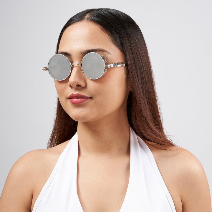 Rhombus Vintage Steampunk Sunglasses With A Silver Frame And Grey Lenses