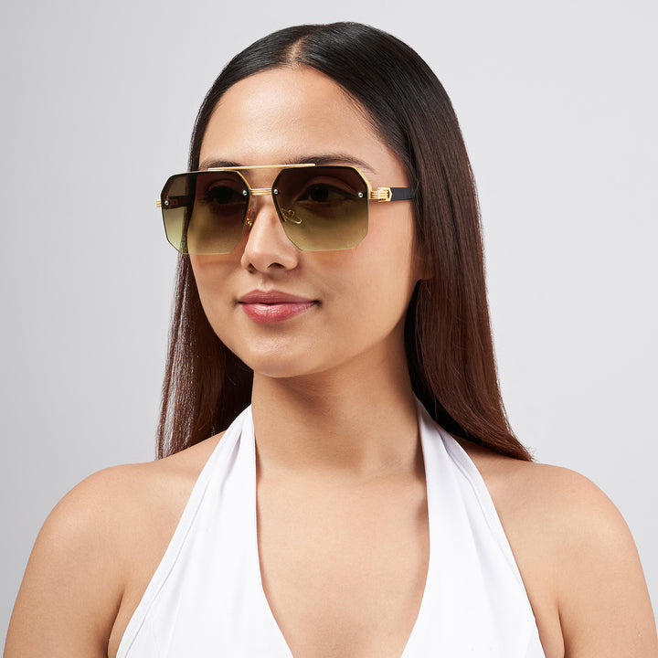 Hexa Geometric Sunglasses With Gold Frame And Tan Ombre Lenses