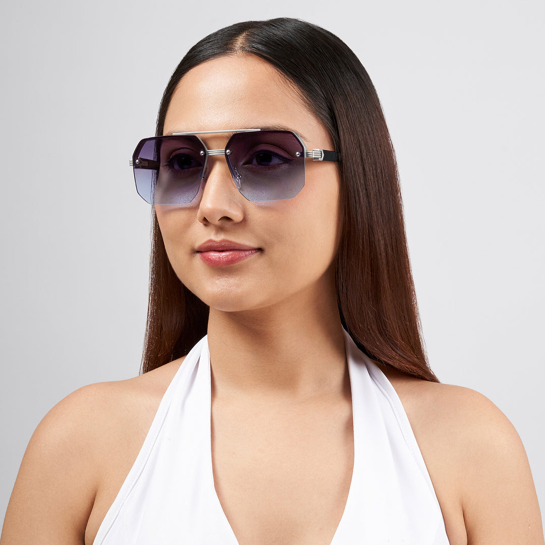 Hexa Geometric Sunglasses With Silver Frame And Grey-Blue Ombre Lenses