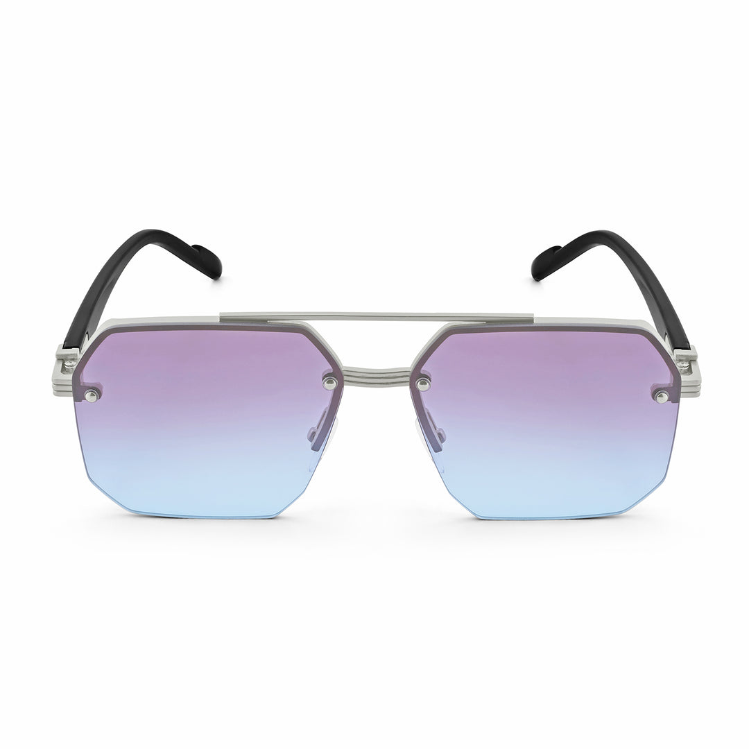 Hexa Geometric Sunglasses With Silver Frame And Grey-Blue Ombre Lenses
