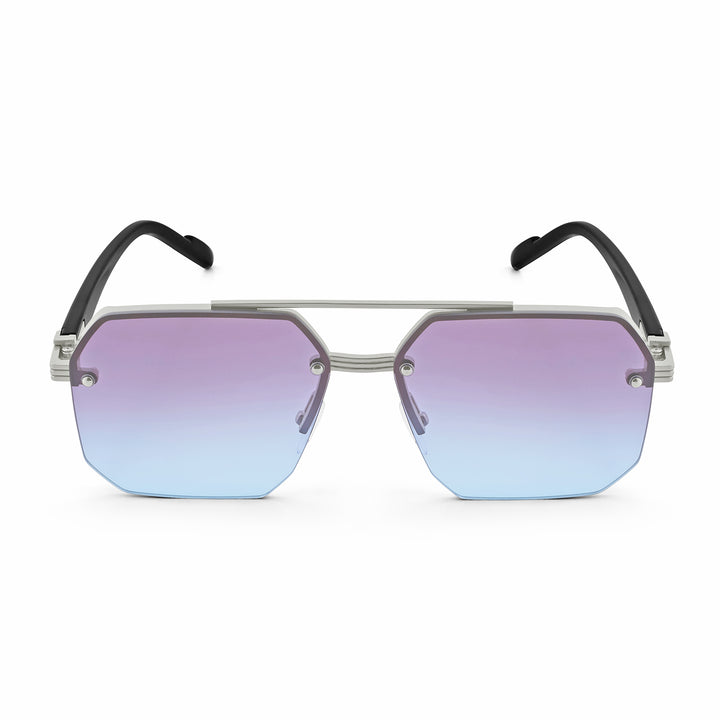 Hexa Geometric Sunglasses With Silver Frame And Grey-Blue Ombre Lenses