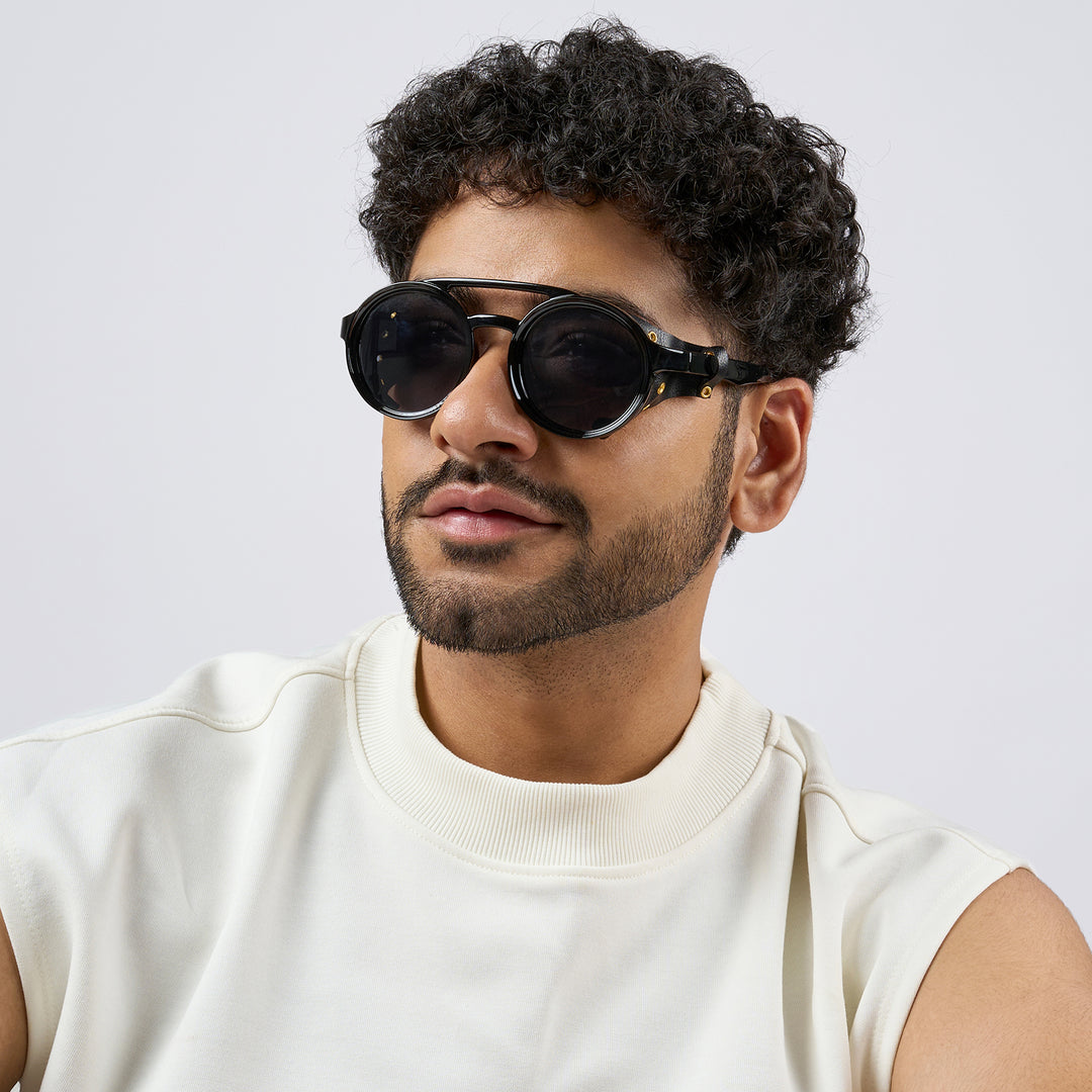 Folks Steampunk Style Round Sunglasses With Black Frames And Black Lenses