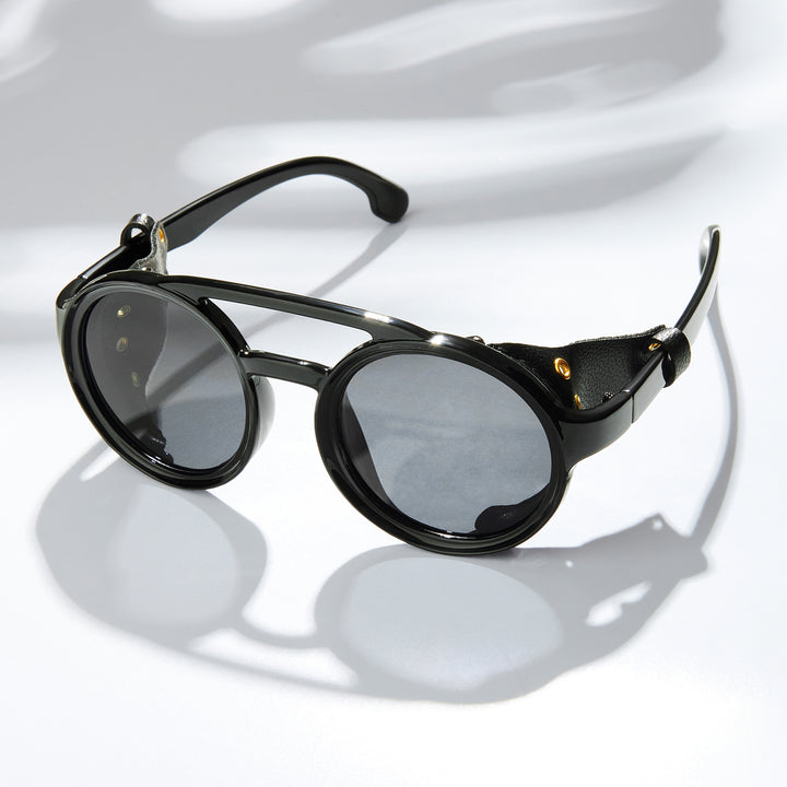 Folks Steampunk Style Round Sunglasses With Black Frames And Black Lenses
