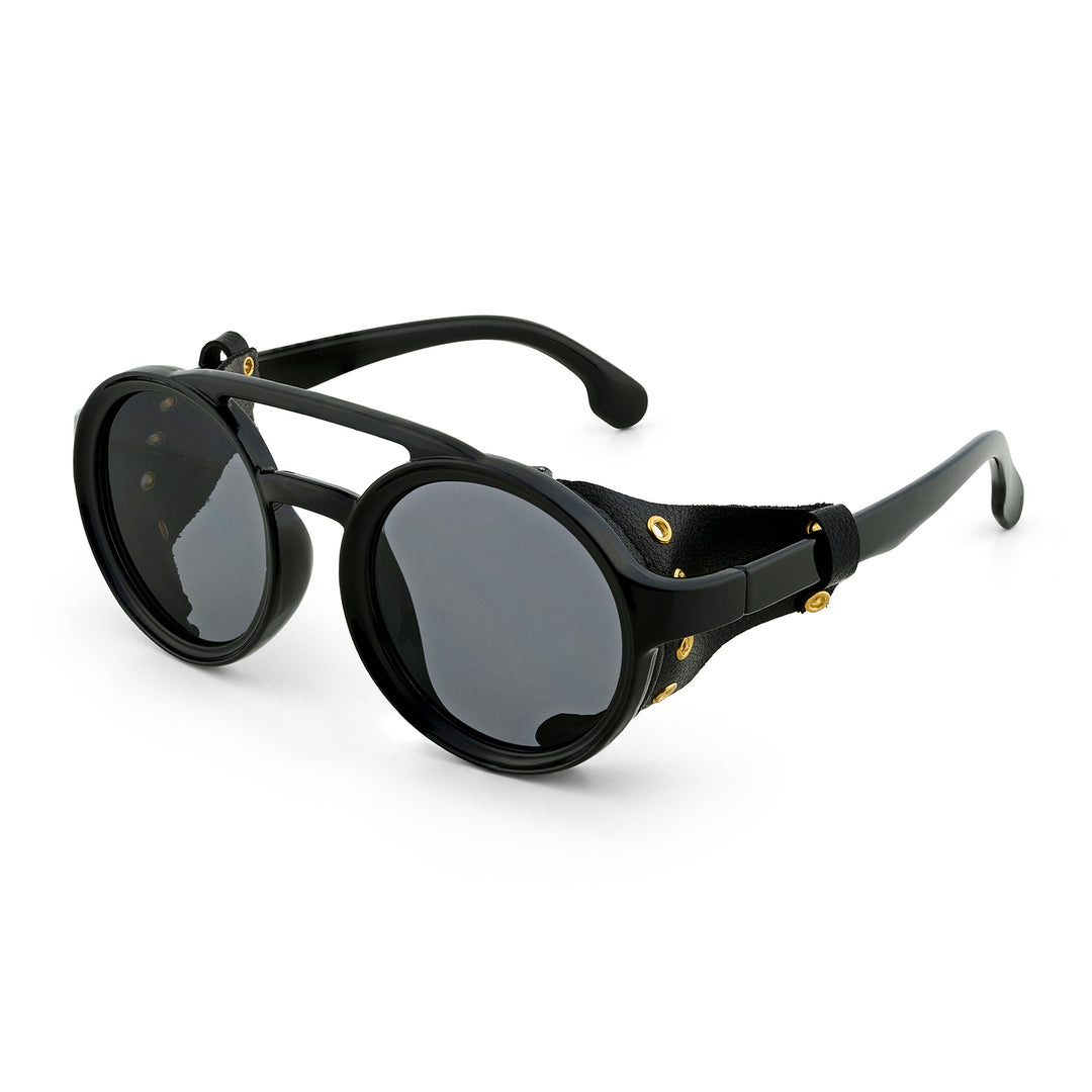 Folks Steampunk Style Round Sunglasses With Black Frames And Black Lenses