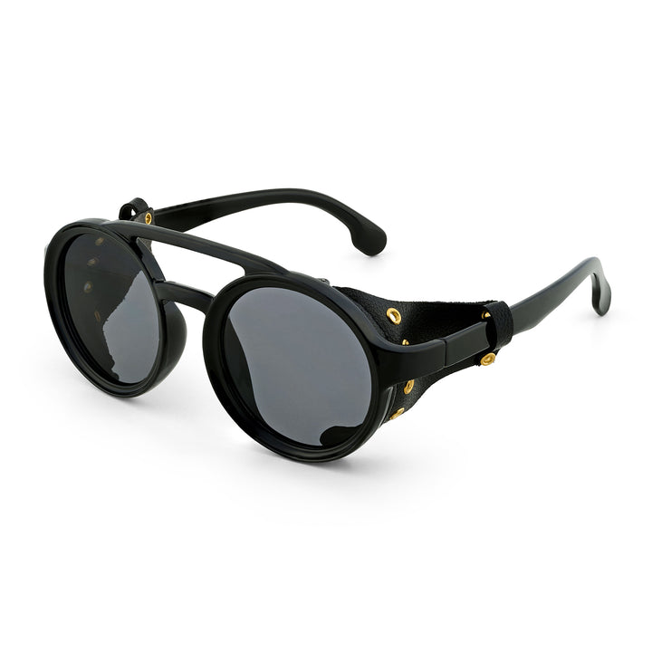 Folks Steampunk Style Round Sunglasses With Black Frames And Black Lenses
