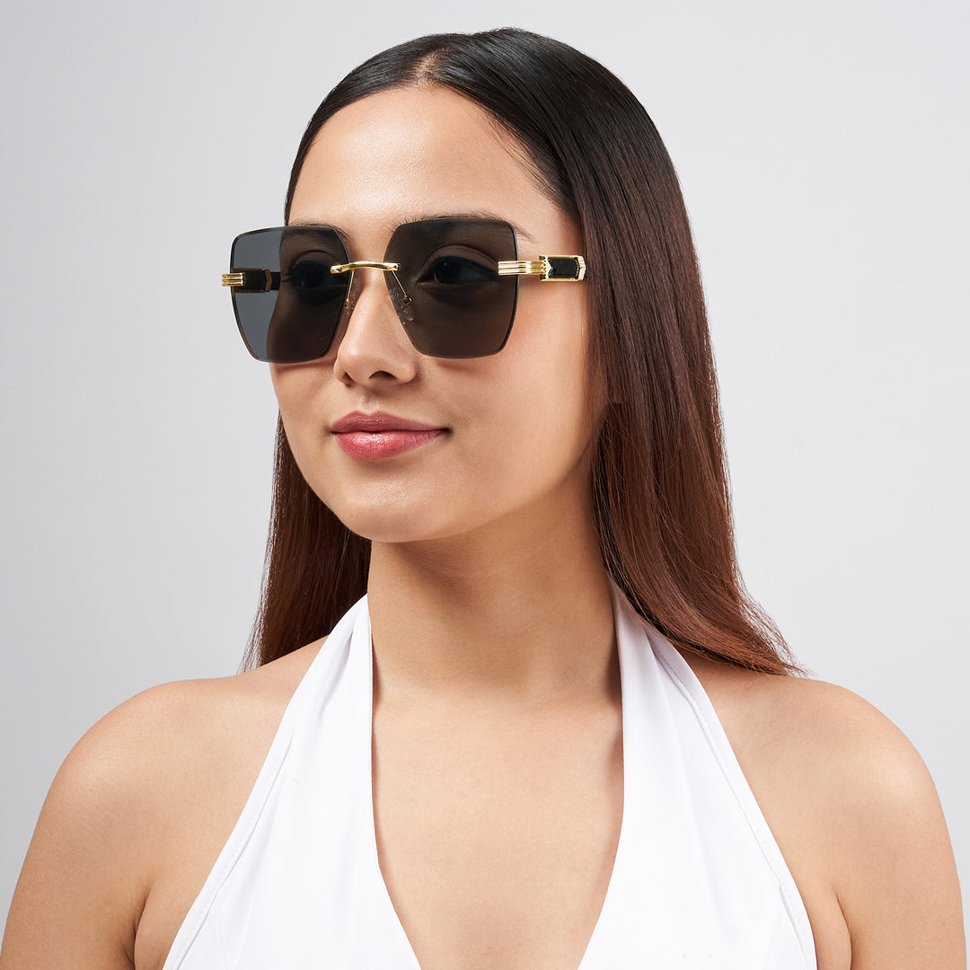 Posh Dark Grey Rectangular Rimless Singlasses With Black Temples