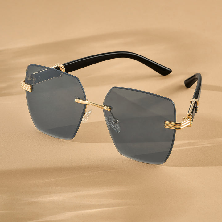 Posh Dark Grey Rectangular Rimless Singlasses With Black Temples