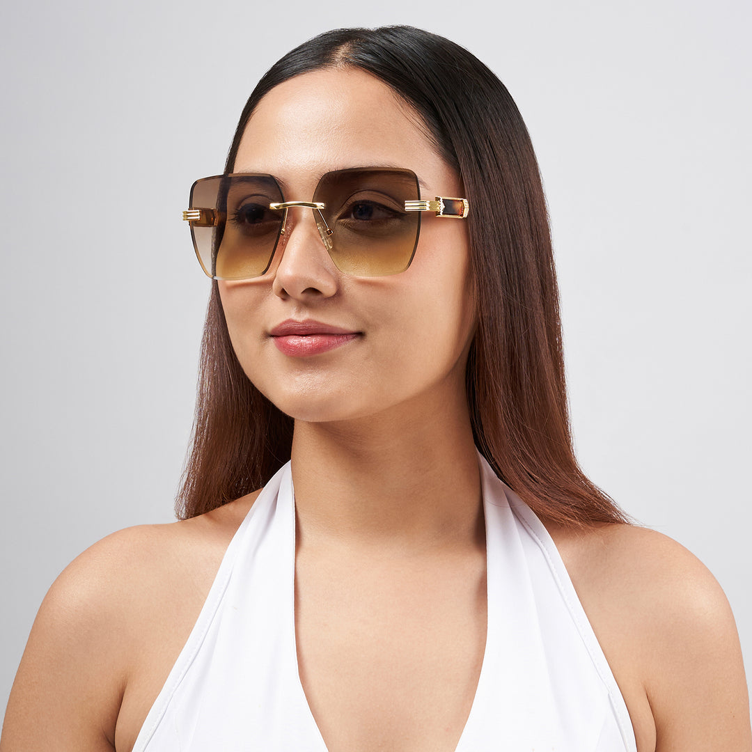 Posh Brown Ombre Rectangular Rimless Singlasses With Turtoise Shell Temples