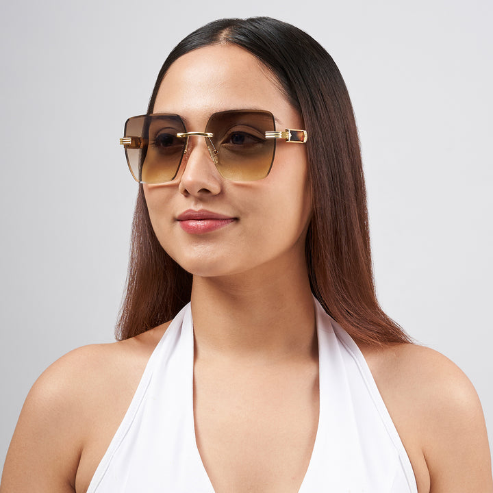 Posh Brown Ombre Rectangular Rimless Singlasses With Turtoise Shell Temples