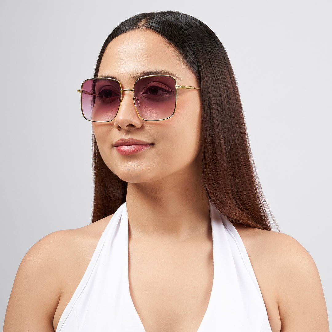 Luxe Gold Frame Square Sunglasses With Purple-Grey Ombre Lenses