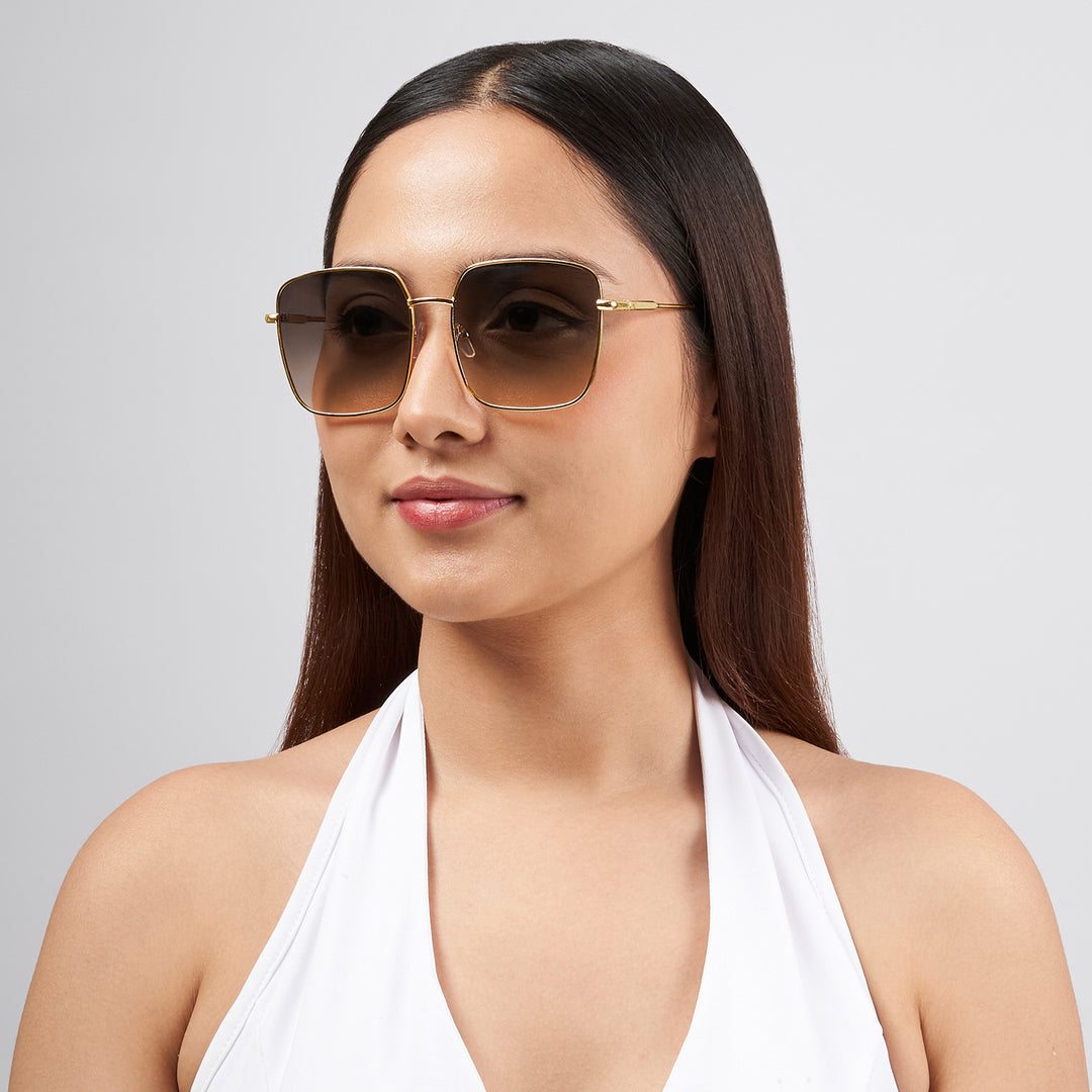 Luxe Gold Frame Square Sunglasses With Grey-Beige Ombre Lenses