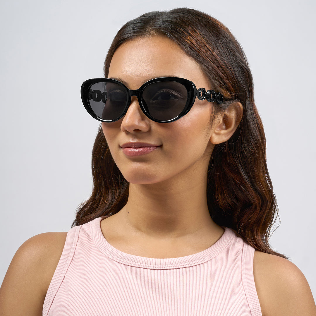 Kate Black Retro Oval Thick Sunglasses With Grey Lenses And Chain Temples