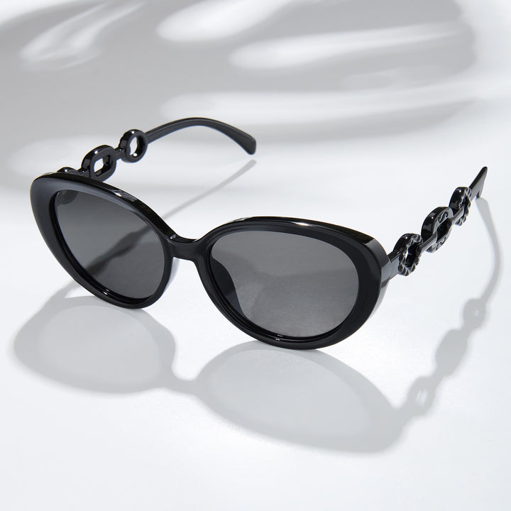 Kate Black Retro Oval Thick Sunglasses With Grey Lenses And Chain Temples