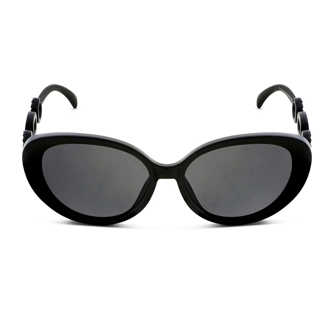 Kate Black Retro Oval Thick Sunglasses With Grey Lenses And Chain Temples