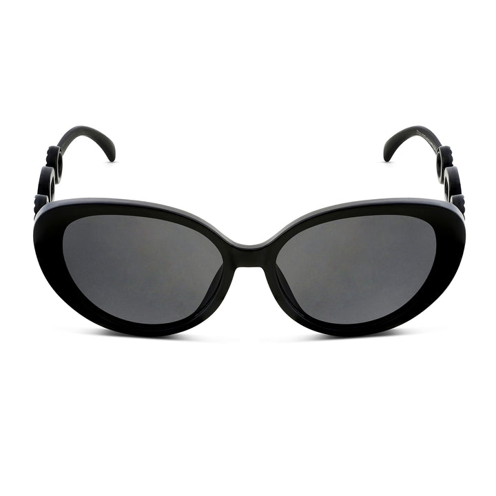 Kate Black Retro Oval Thick Sunglasses With Grey Lenses And Chain Temples