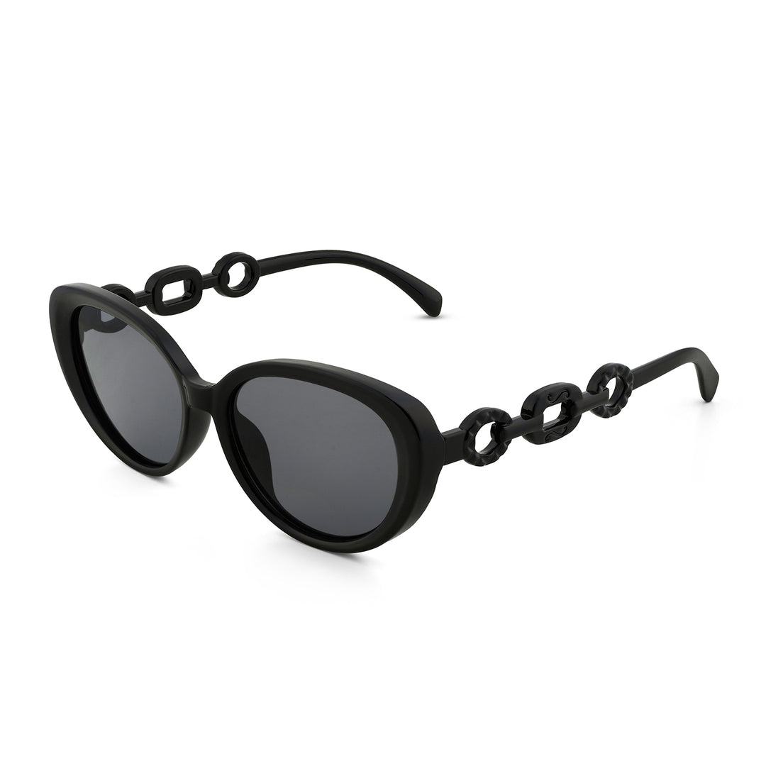 Kate Black Retro Oval Thick Sunglasses With Grey Lenses And Chain Temples