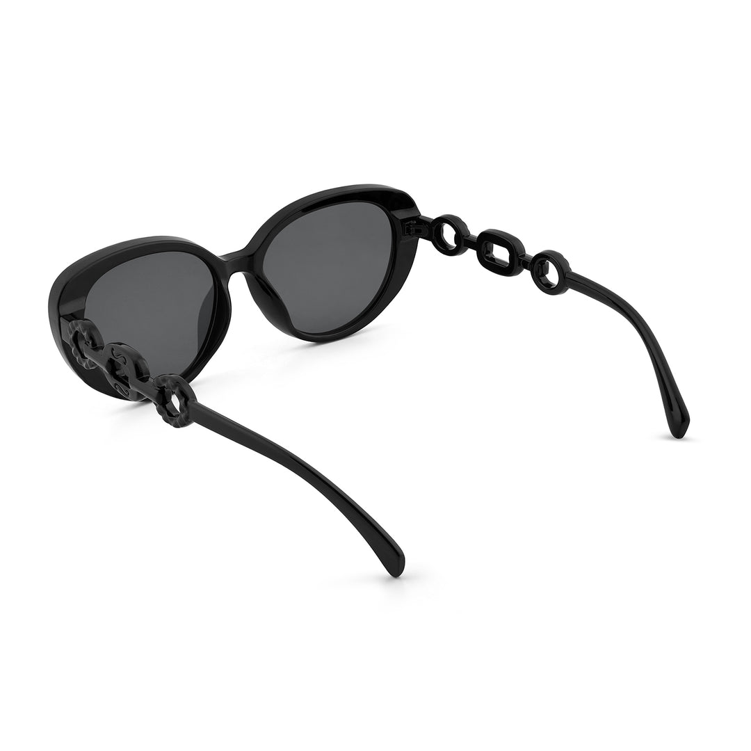 Kate Black Retro Oval Thick Sunglasses With Grey Lenses And Chain Temples