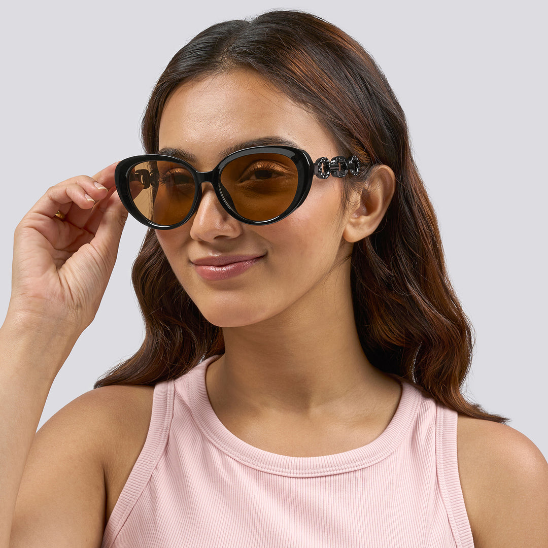 Kate Black Retro Oval Thick Sunglasses With Chain Temples