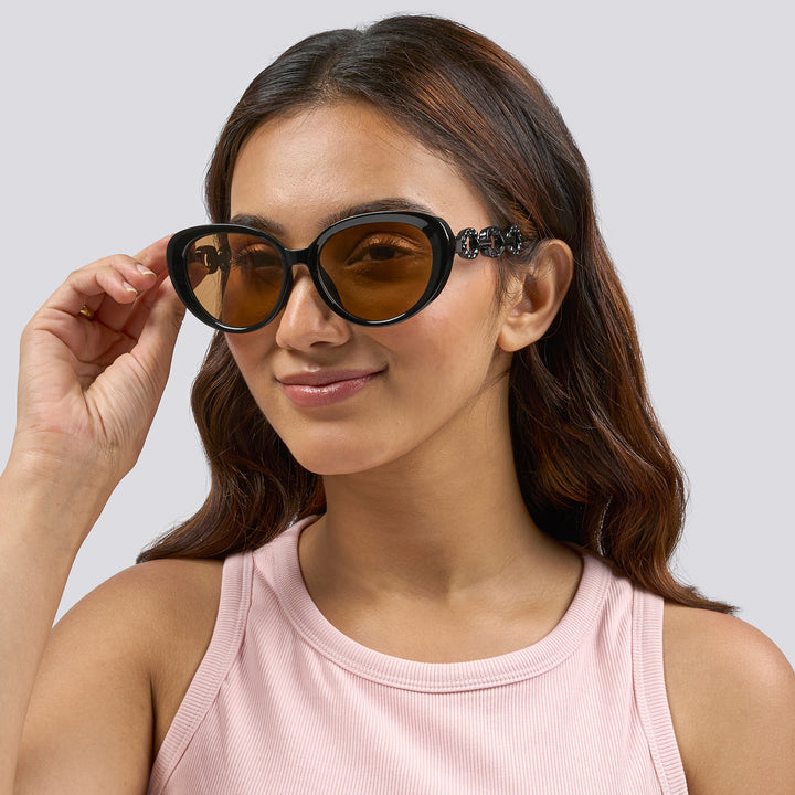 Kate Black Retro Oval Thick Sunglasses With Chain Temples