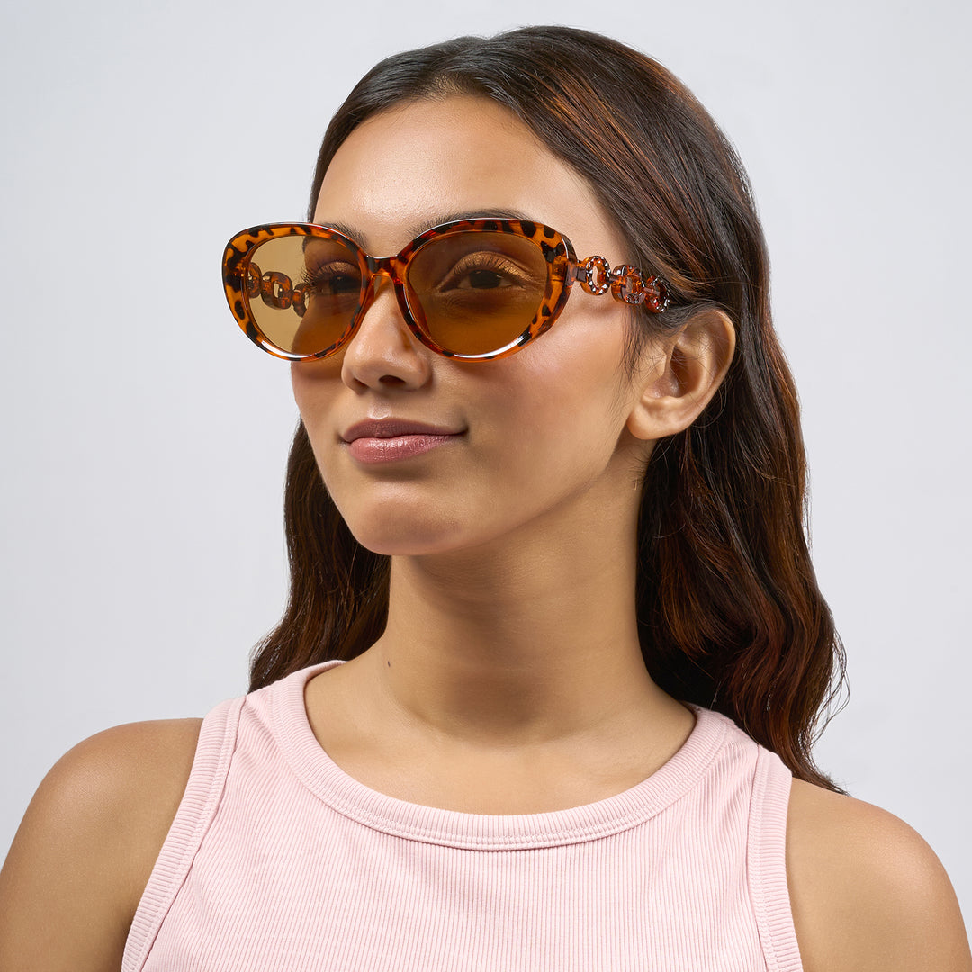Kate Tortoise Shell Retro Oval Thick Sunglasses With Chain Temples