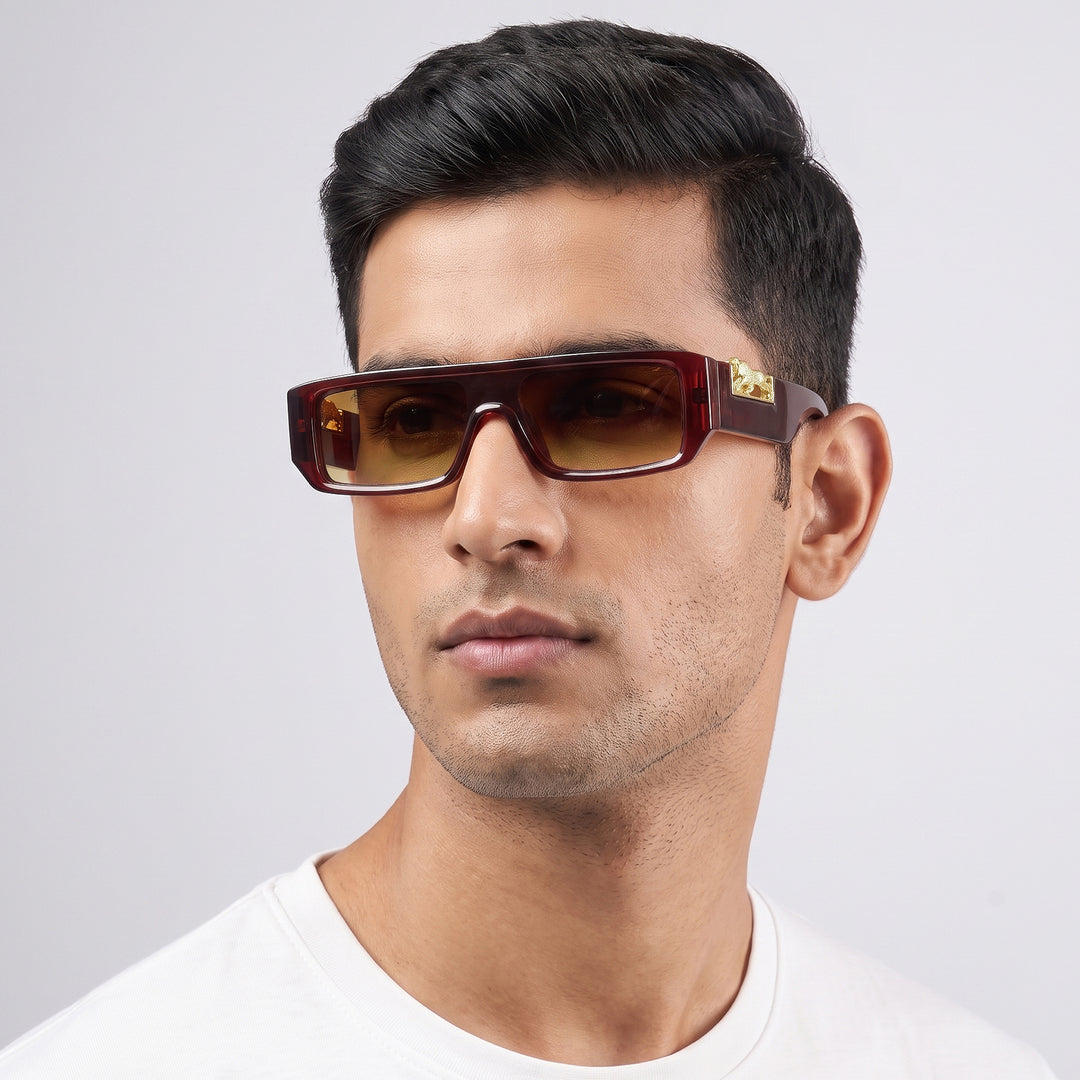 Juno Rectangle Sunglasses with a Brown Frame, Brown Lenses, and Jaguar-Accented Temples