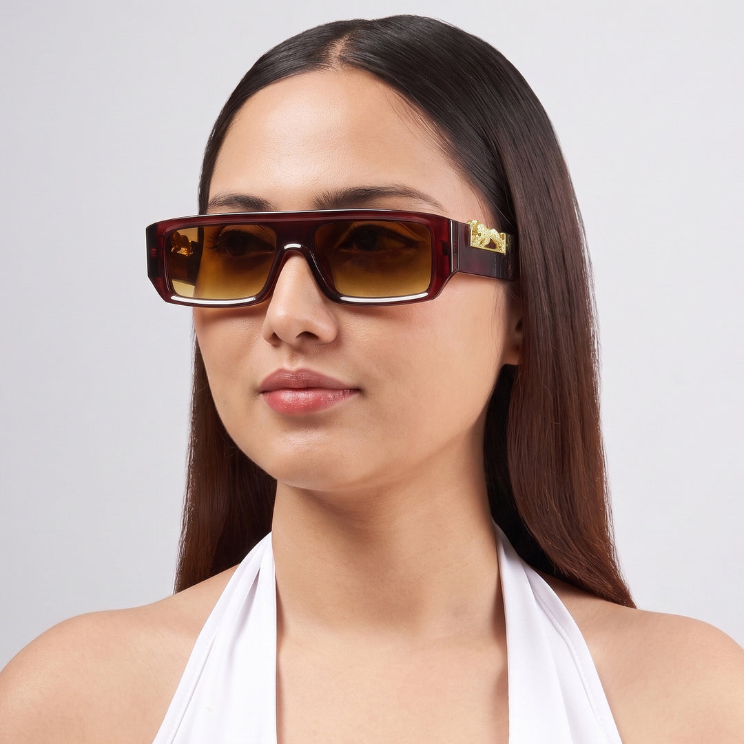 Juno Rectangle Sunglasses with a Brown Frame, Brown Lenses, and Jaguar-Accented Temples