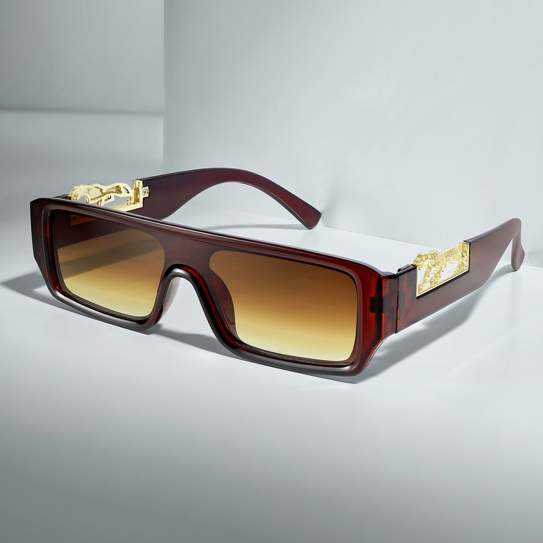 Juno Rectangle Sunglasses with a Brown Frame, Brown Lenses, and Jaguar-Accented Temples