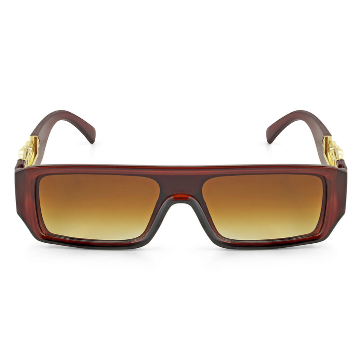 Juno Rectangle Sunglasses with a Brown Frame, Brown Lenses, and Jaguar-Accented Temples