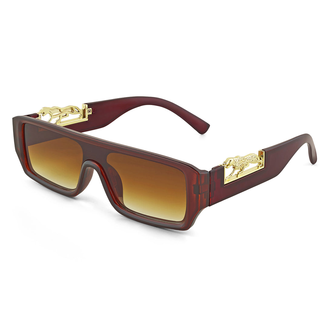 Juno Rectangle Sunglasses with a Brown Frame, Brown Lenses, and Jaguar-Accented Temples