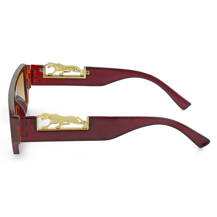 Juno Rectangle Sunglasses with a Brown Frame, Brown Lenses, and Jaguar-Accented Temples