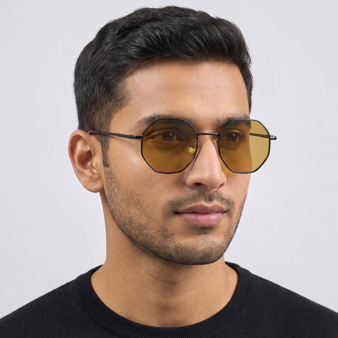 Octara Octagon Shaped Sunglasses with Black Frame and Brown Lenses