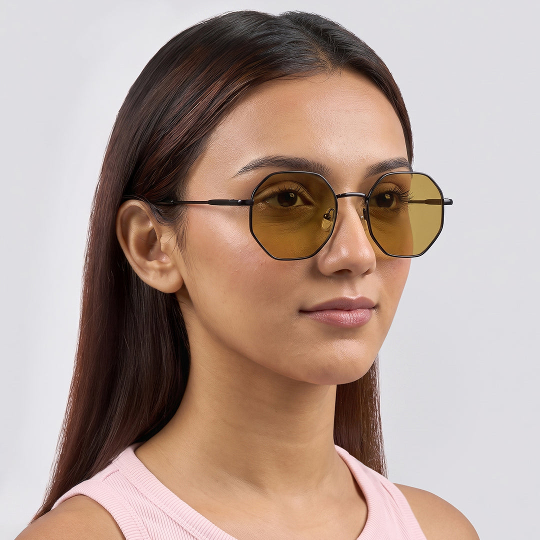 Octara Octagon Shaped Sunglasses with Black Frame and Brown Lenses