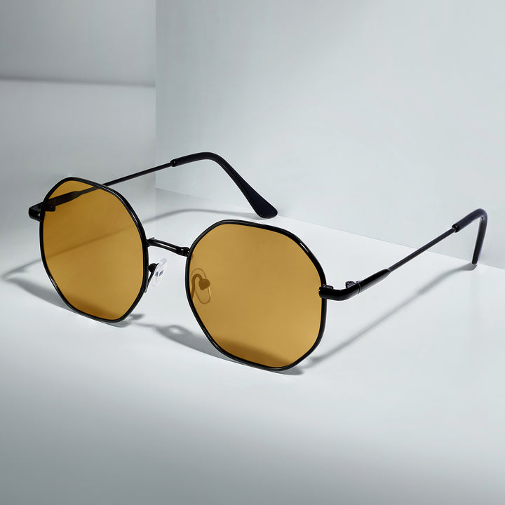 Octara Octagon Shaped Sunglasses with Black Frame and Brown Lenses